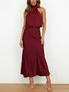 Women's Silk Turtleneck Sleeveless Midi Dress For Party