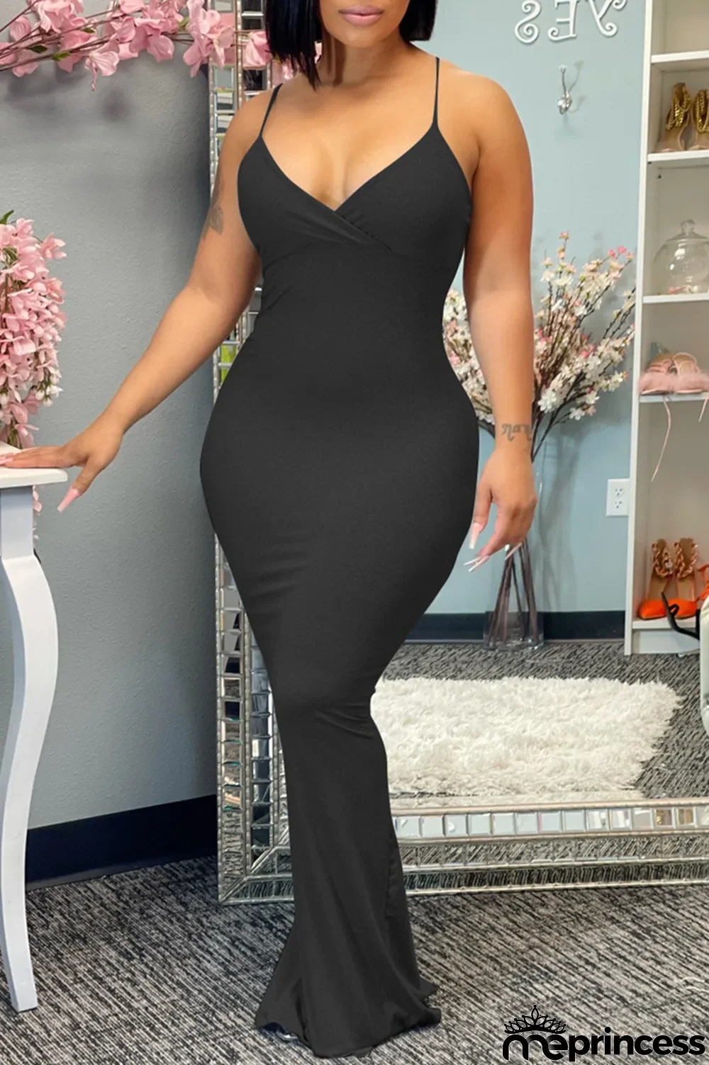 Black Fashion Sexy Solid Backless V Neck Sling Dress