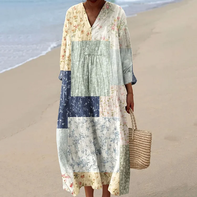 Women's Vintage Flower Art Print Cozy Dress