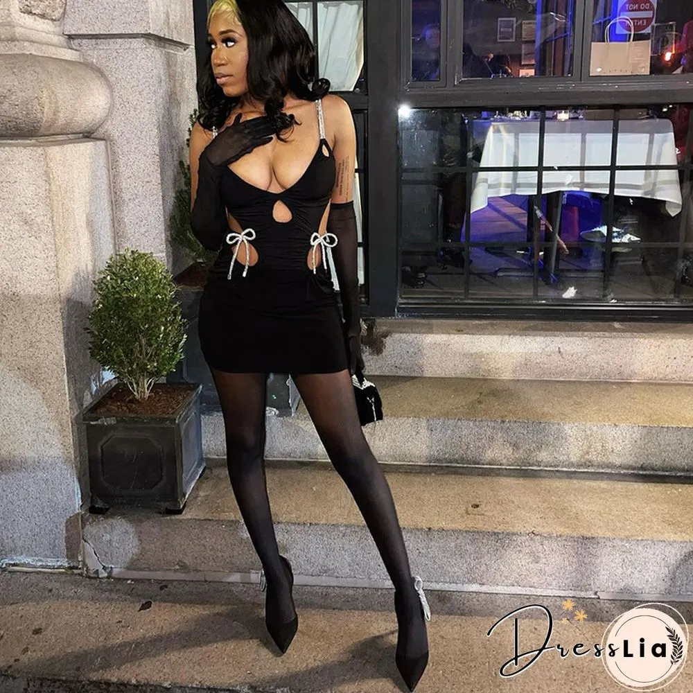 BOOFEENAA Sexy Mini Bodycon DressesFor Women Party Classy Night Club Wear Bow Tie Up Hollow Out Backless Black Dress C87-BG12