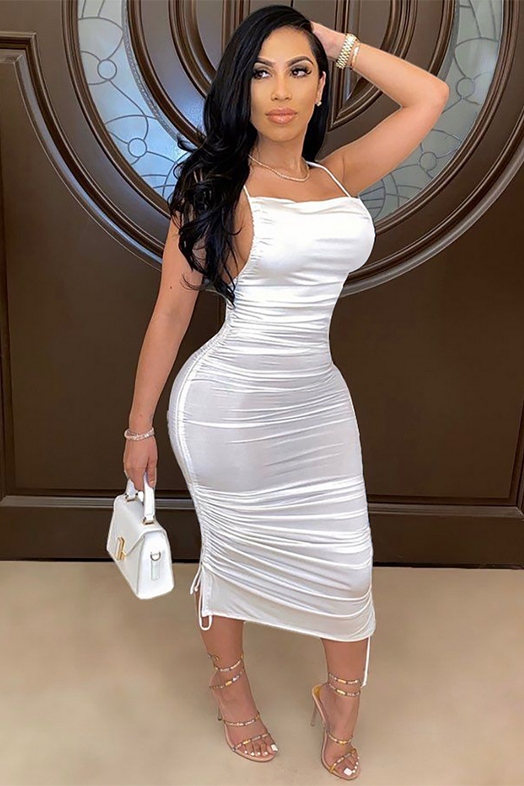 Solid Color Bodycon Crossover Backless Ruched Slip Midi Dresses-White