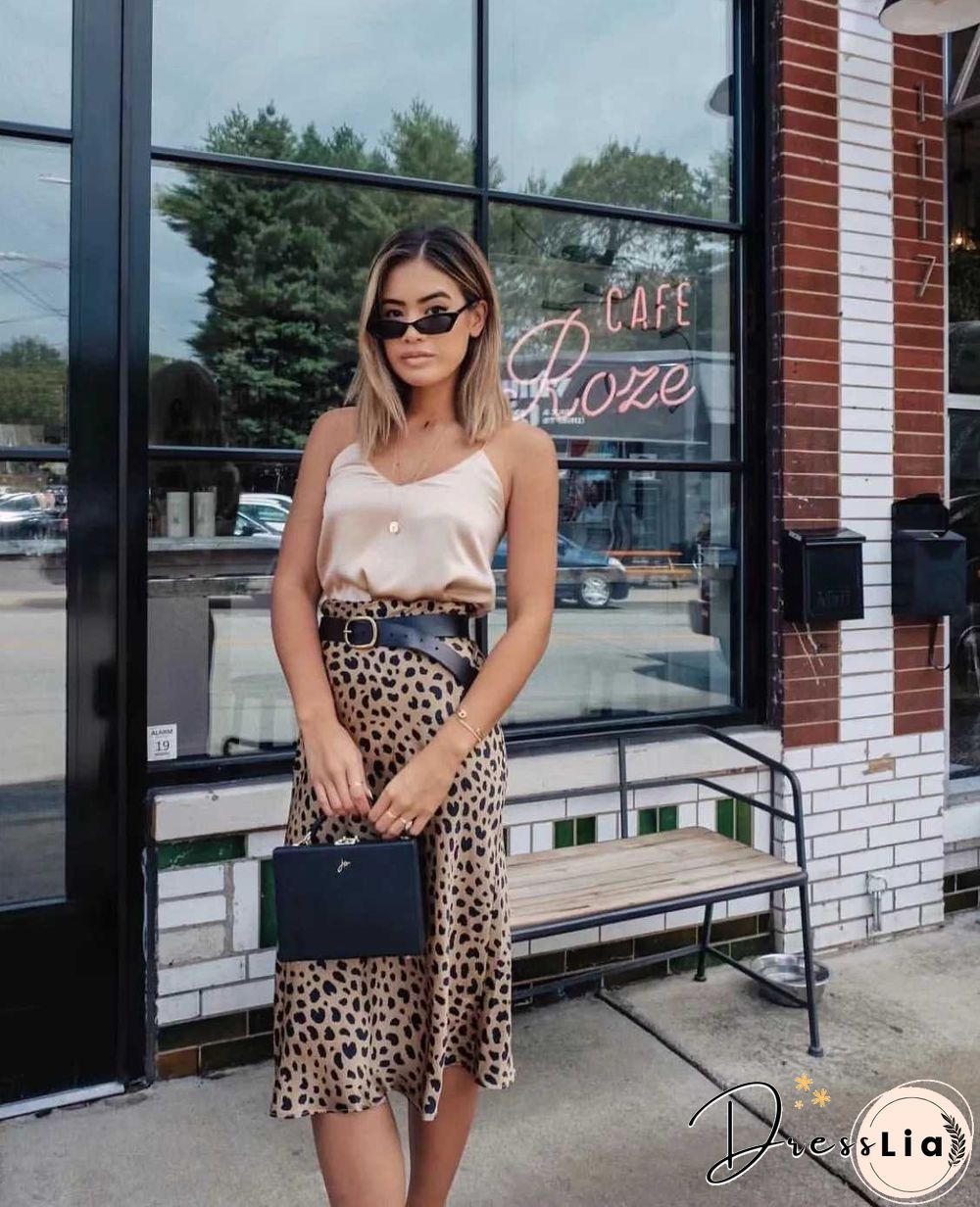 Retro Elastic Band High Waisted Leopard Print Satin Midi Skirt