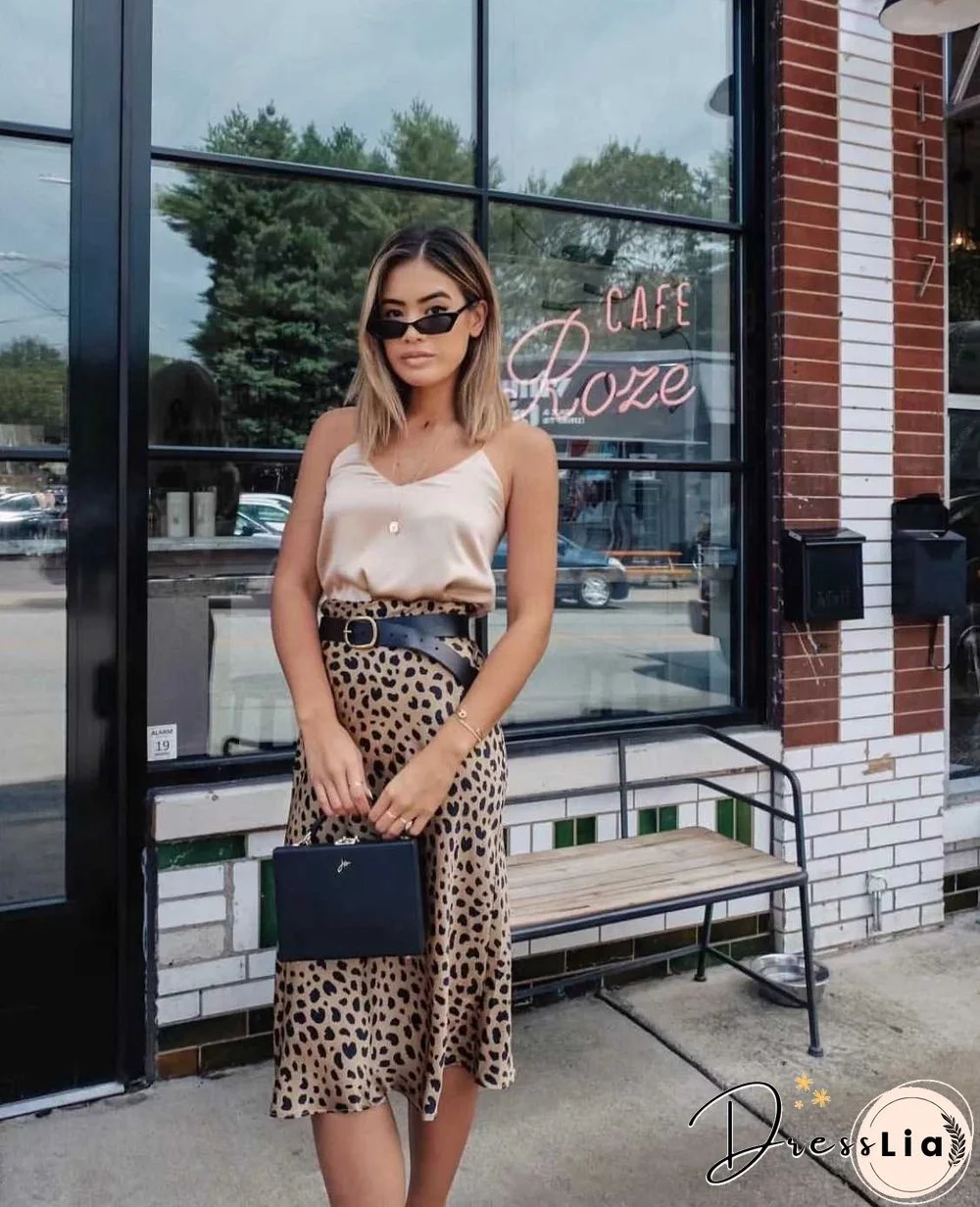 Retro Elastic Band High Waisted Leopard Print Satin Midi Skirt