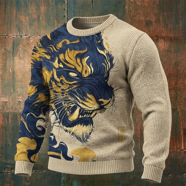 Men's Retro Japanese Tiger Art Pattern Knit Sweater