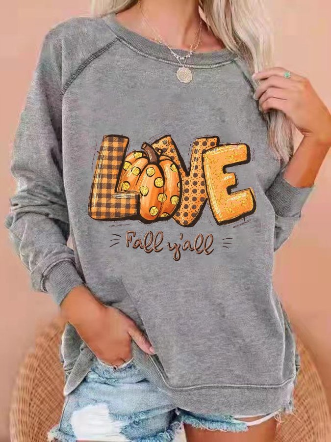 Women's Love Fall Y'all Pumpkin Print Casual Crewneck Sweatshirt
