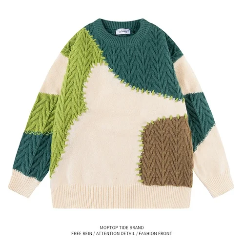 Demandernyc Japanese Retro Irregular Color Contrasting Spliced Knitted Sweaters for Men/Women Lazy Style Trendy Brand Loose Casual Pullovers