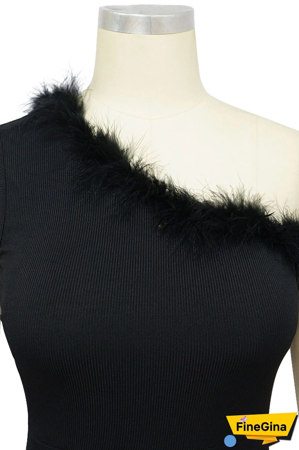 Black Sexy Solid Patchwork Feathers Oblique Collar One Step Skirt Dresses