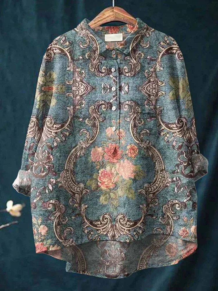 Womens  Artistic Retro Floral Casual Cotton And Linen Shirt