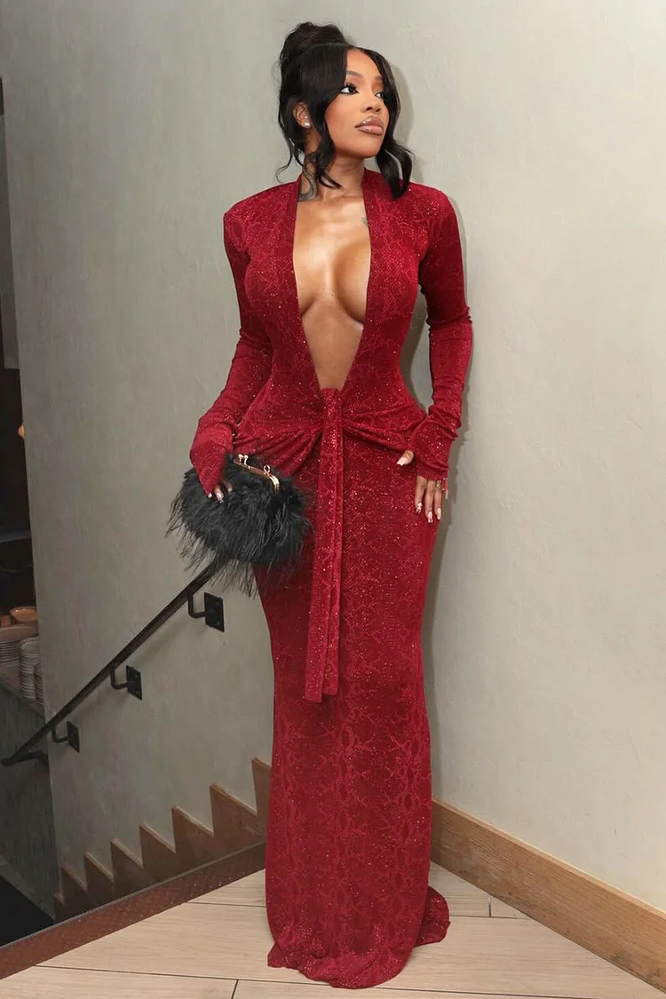 Glitter Snake Print Sash Deep V Neck Gowns Maxi Dresses-Burgundy