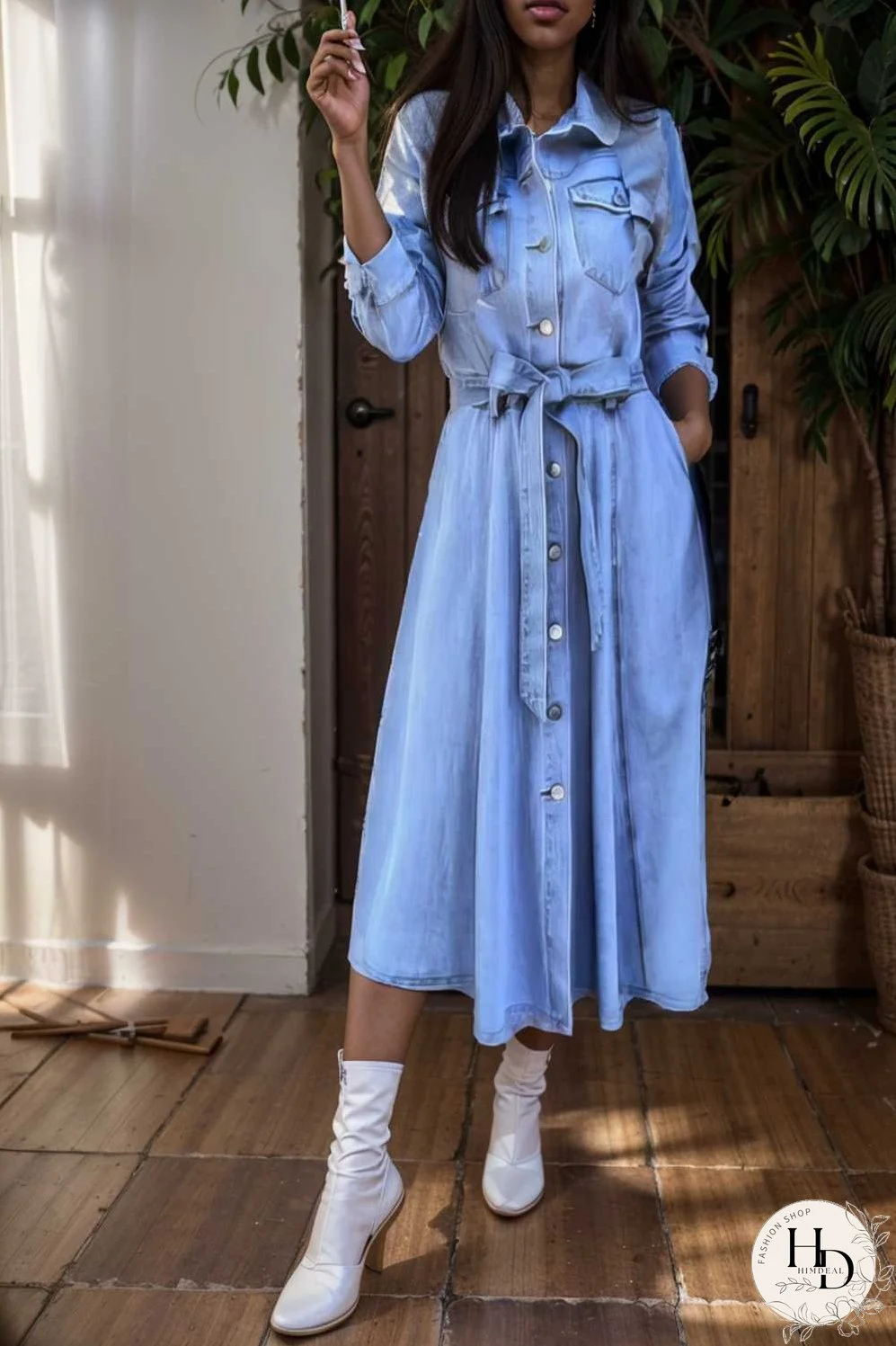 pocket lapel belted long sleeve denim dress