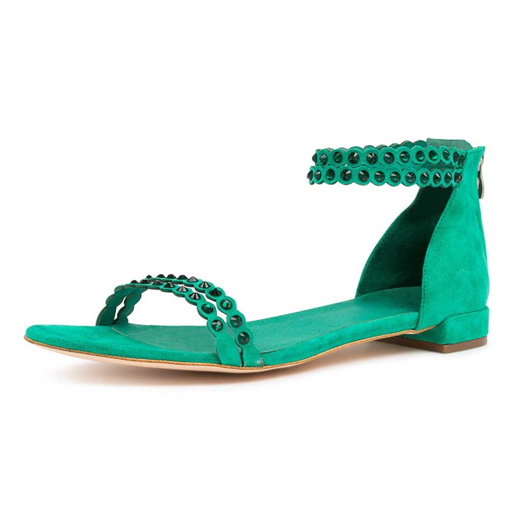 Green Faux Suede Round Toe Flat Embellished Ankle Strap Sandals Nicepairs