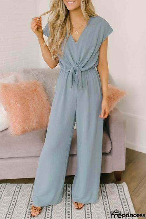 V Neck Knot Short Sleeve Jumpsuit