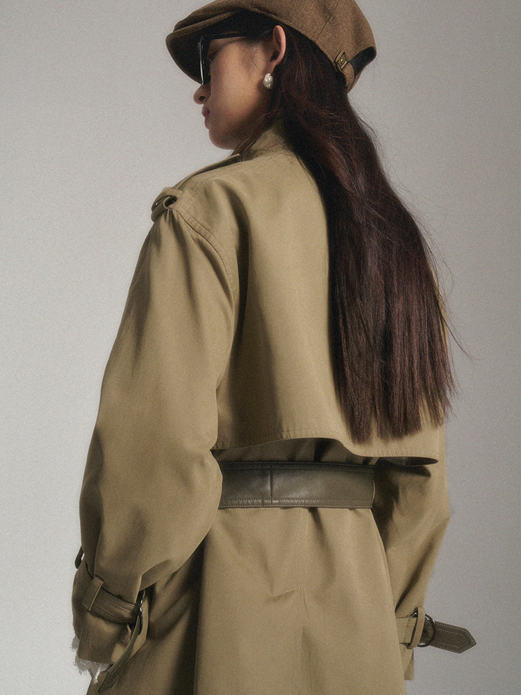 MERUMOTE Women's Patchwork Leather Stand Collar Simple Mid-Length Belted Windbreaker Jacket-MERUMOTE