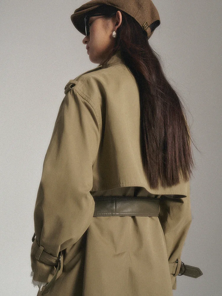 MERUMOTE Women's Patchwork Leather Stand Collar Simple Mid-Length Belted Windbreaker Jacket-MERUMOTE