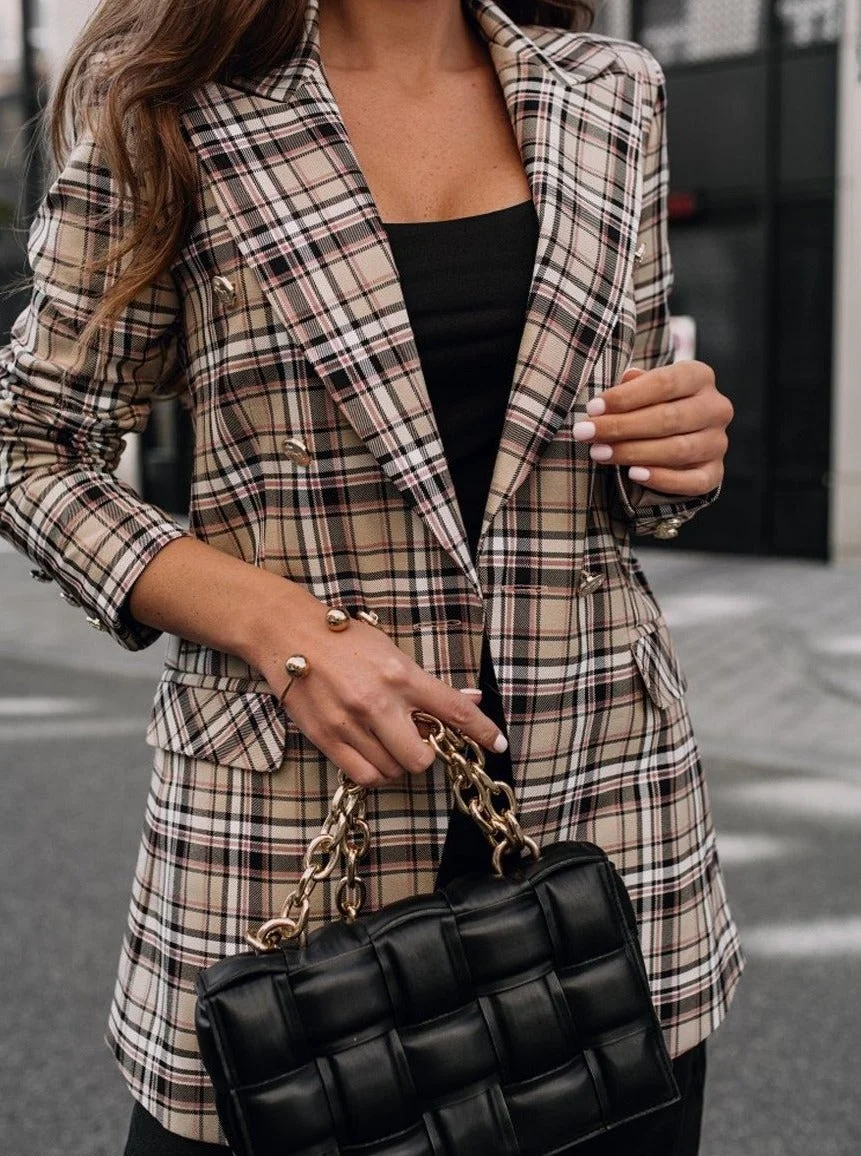 Fashion Plaid Double Pocket Blazer | EGEMISS