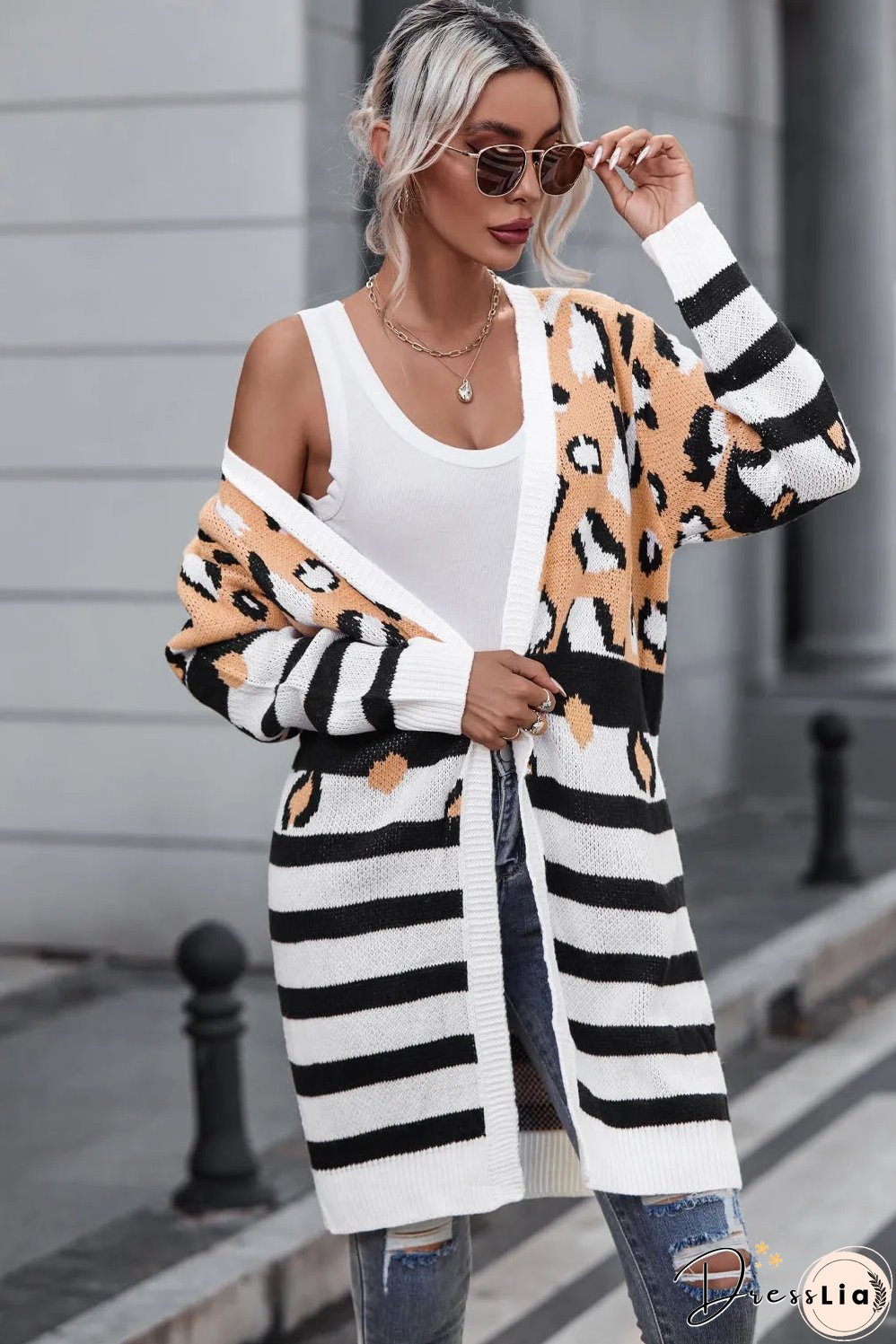 Brown Leopard Striped Mixed Print Open Front Cardigan