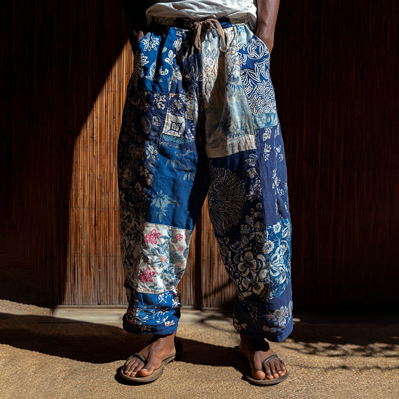 Vintage Japanese Traditional Sashiko Patchwork Art Pattern Linen Blend Casual Pants  artssus