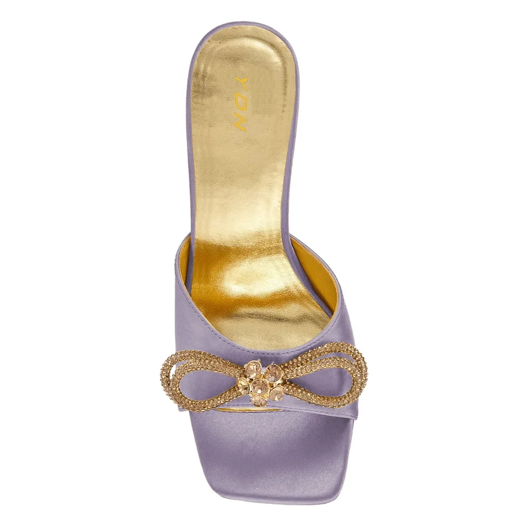 Wide Strap Square Toe Slip On Bow Purple Mule Shoes for Women