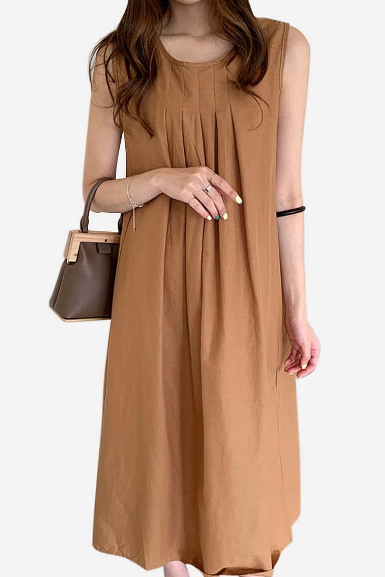 Round Neck Sleeveless Pleated Casual Linen Midi Dress
