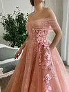 Pink Rouge 3D Flowers Ball Gown A Line Formal Dress Floral Embroidery Unique Garden Dresses Off The Shoulder Elopement Floor Length Tulle