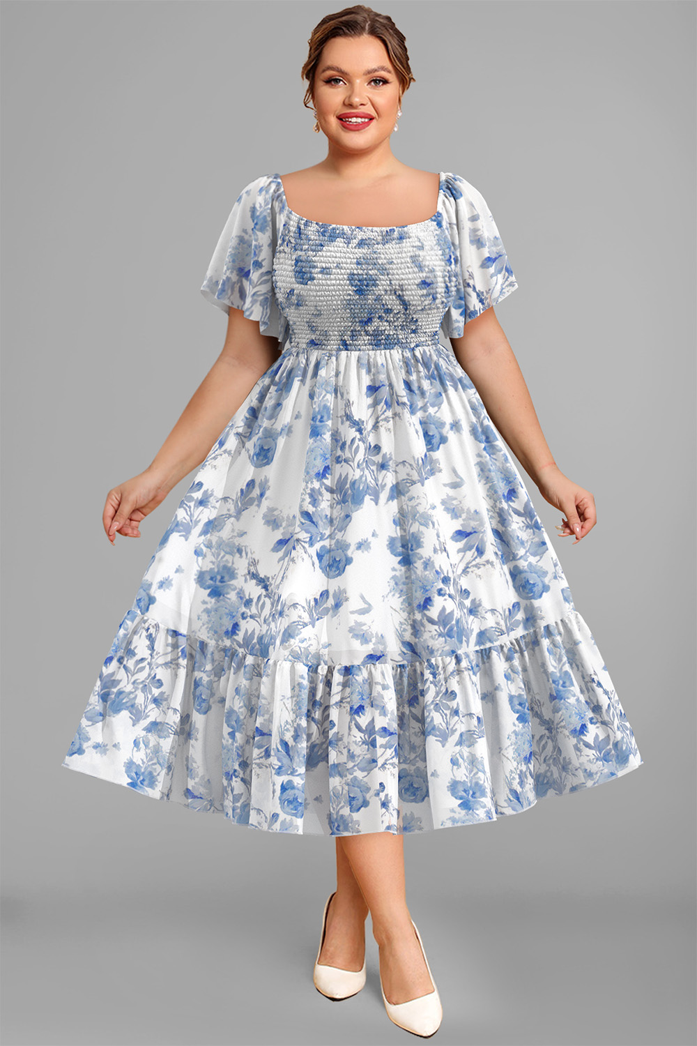 Flycurvy Plus Size Daily Casual Blue Floral Print Flutter Sleeve Smocking Tea-Length Dress