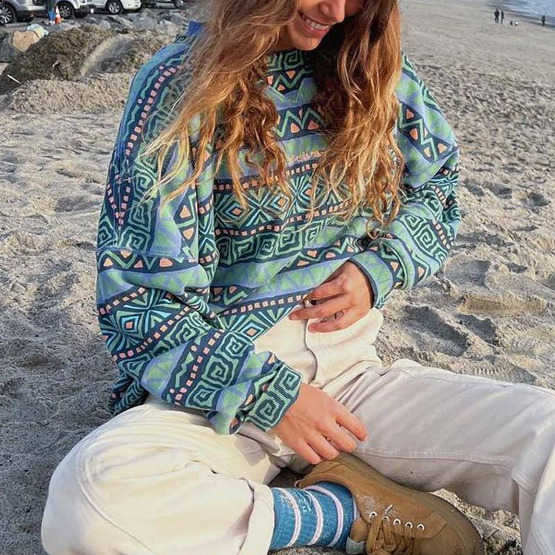 Women Vintage Surf Wave Graphic Printed Sweatshirt / [blueesa] /