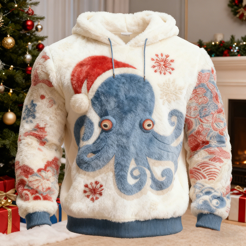 Men's Japanese Octopus Art Christmas Ugly Plush Hoodie elevenforest