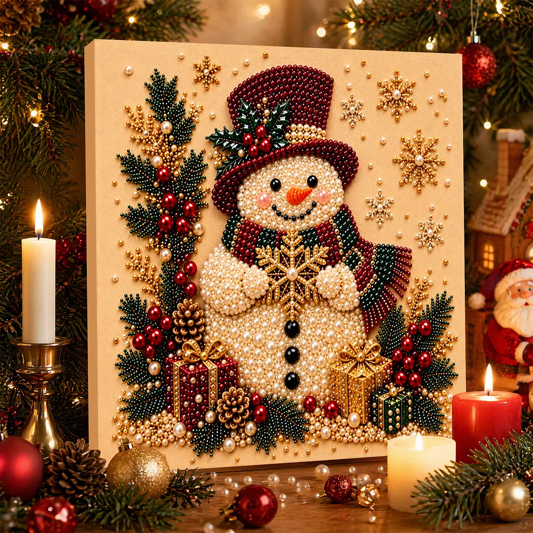 Framed Pearl Painting Kit Snowman Red Hat 7.87x7.87in