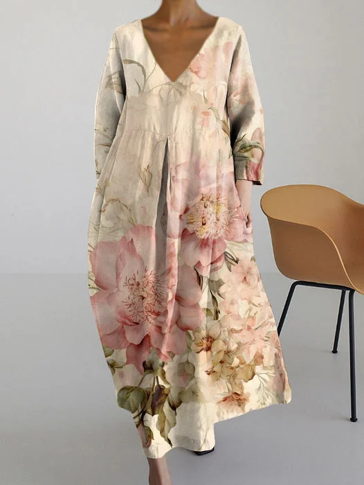 Retro Chic Floral V-Neck Long Sleeve Midi Dress
