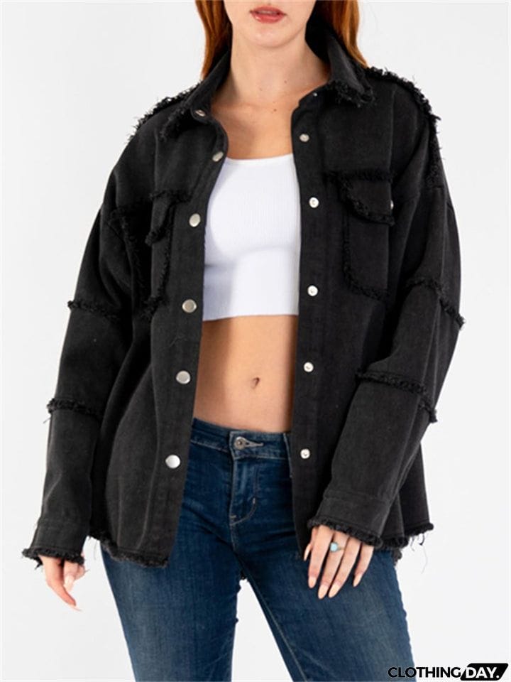 Women's Super Cool Peace Raw Edge Lapel Button Denim Coat