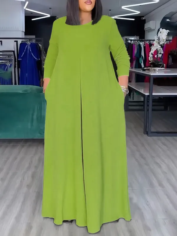 Pockets Solid Color Loose Wide Leg Round-Neck Jumpsuits