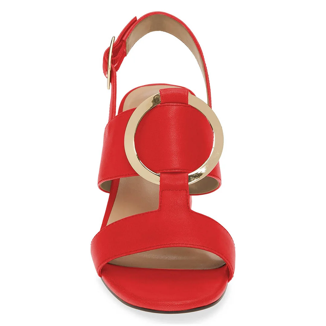 Red Open Toe Slingback Block Heeled Sandals with Buckle Strap