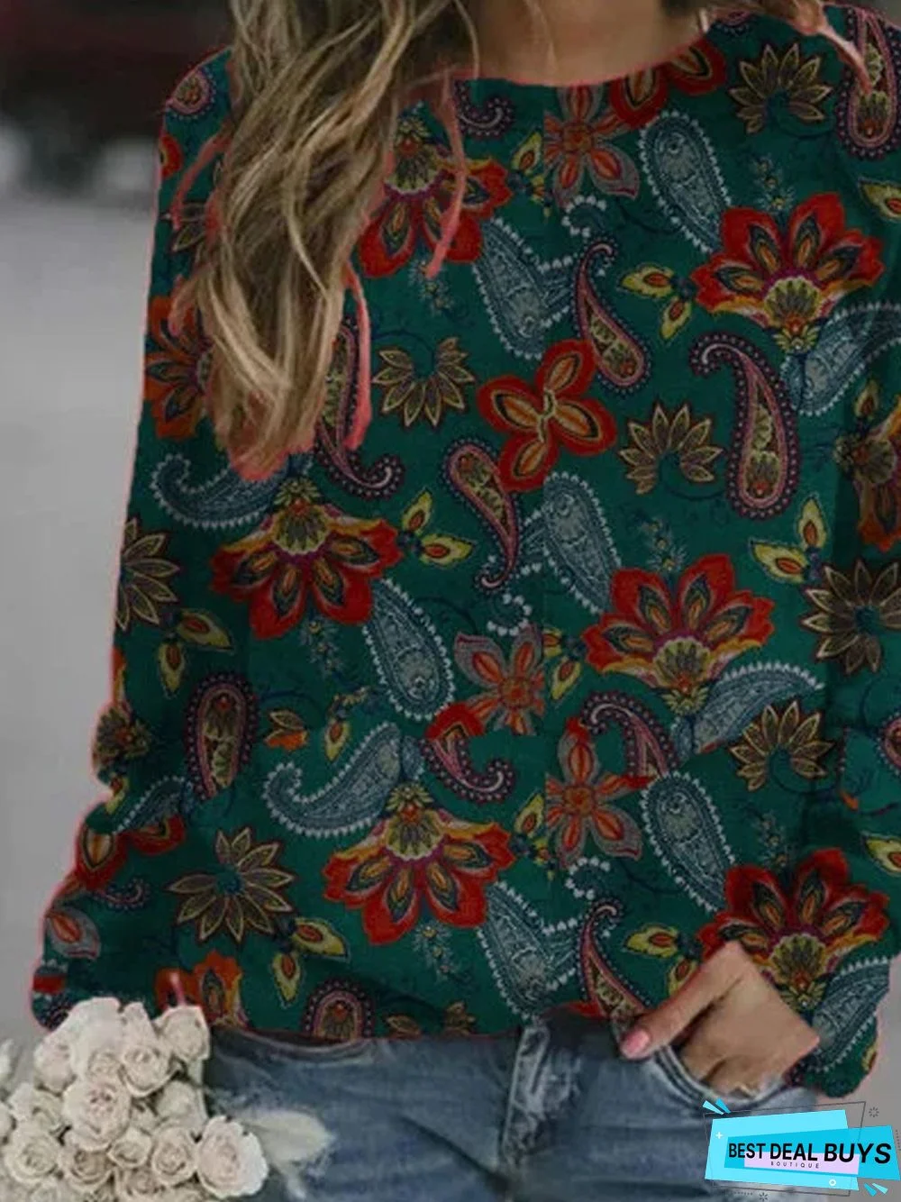 Crew Neck Long Sleeve Patchwork Cotton-Blend Sweatshirt