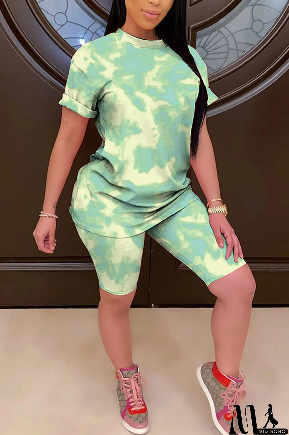 MidiSono - Light yellow Polyester Fashion Casual Print Gradient Two Piece Suits pencil Short Sleeve Two Pieces