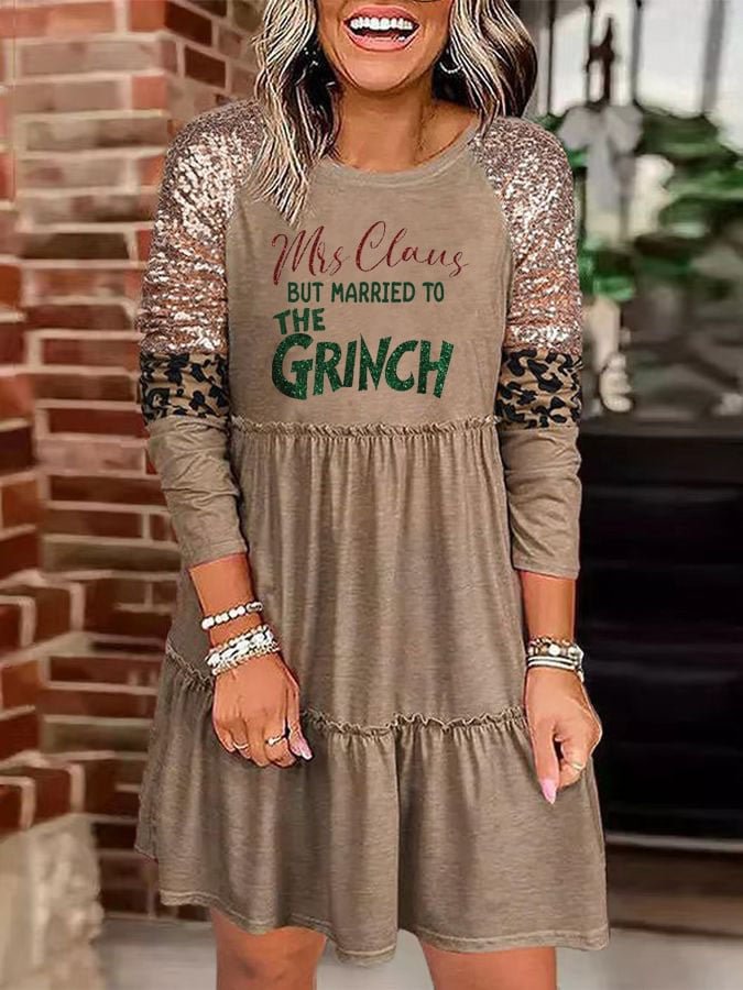 Women's Mrs. Claus But Married To The Grinch Print Sequin Leopard Panel Dress