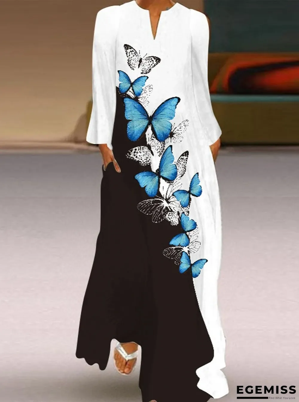 Butterfly Print V-Neck Long Sleeve Dress White Dresses | EGEMISS