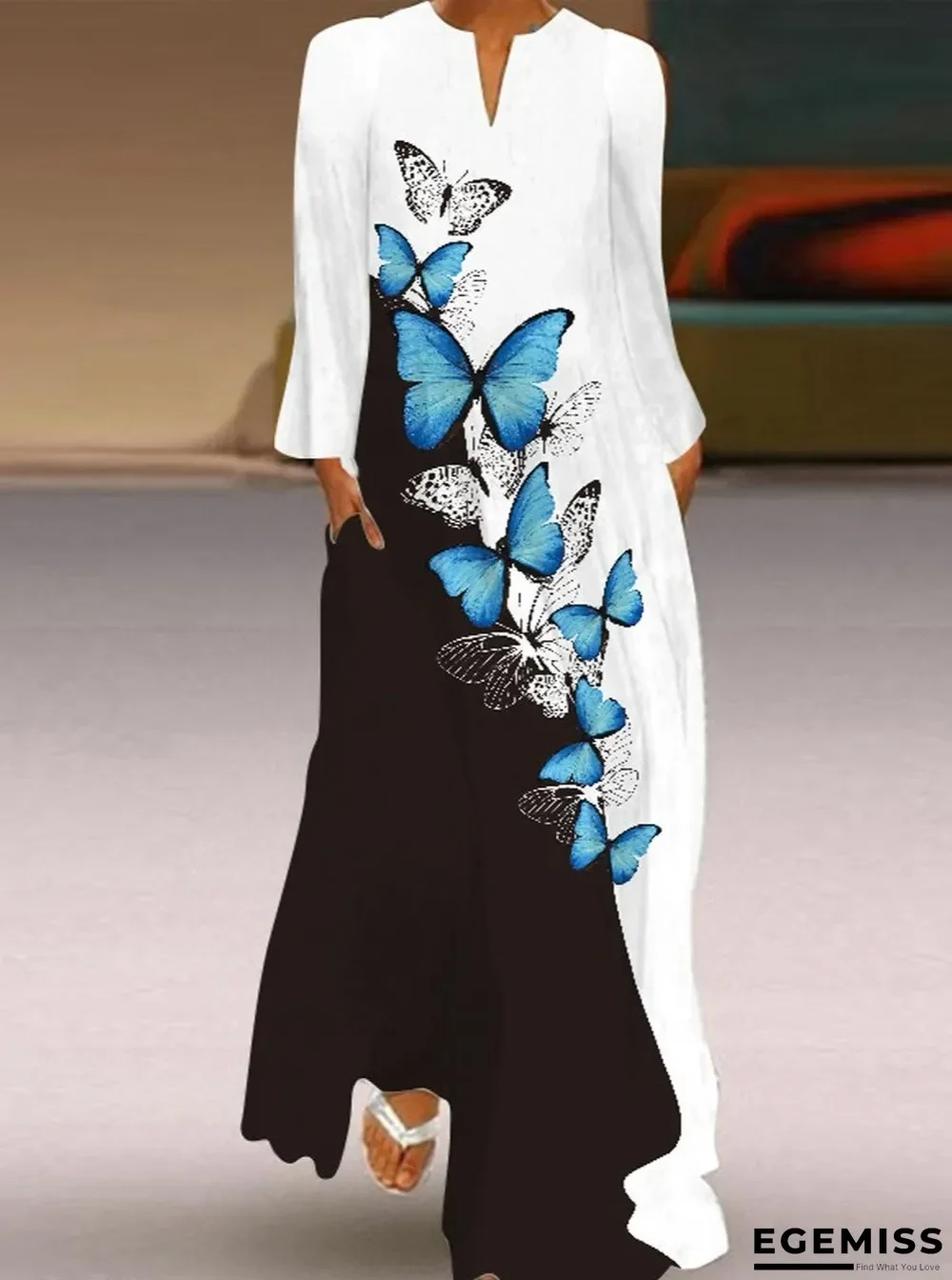 Butterfly Print V-Neck Long Sleeve Dress White Dresses | EGEMISS