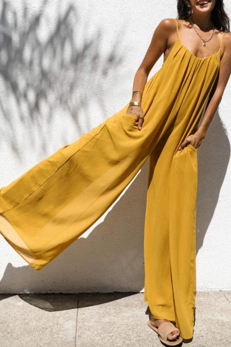 Fashion Living Solid Split Joint Spaghetti Strap Loose Jumpsuits