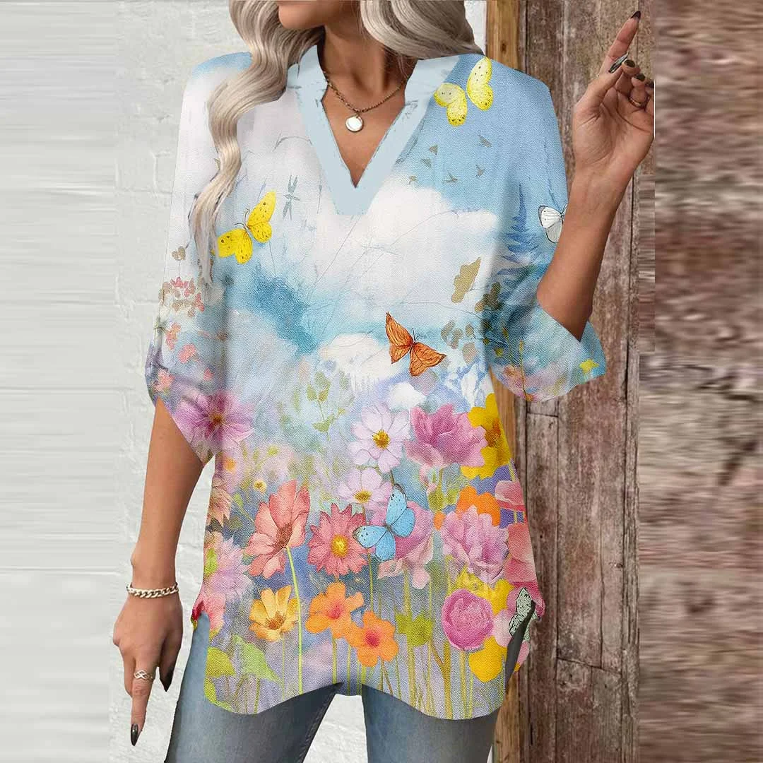 Women Floral,Colorful,Butterfly DZGA0586 3/4 Sleeve V-neck Printed Graphic Button Tops