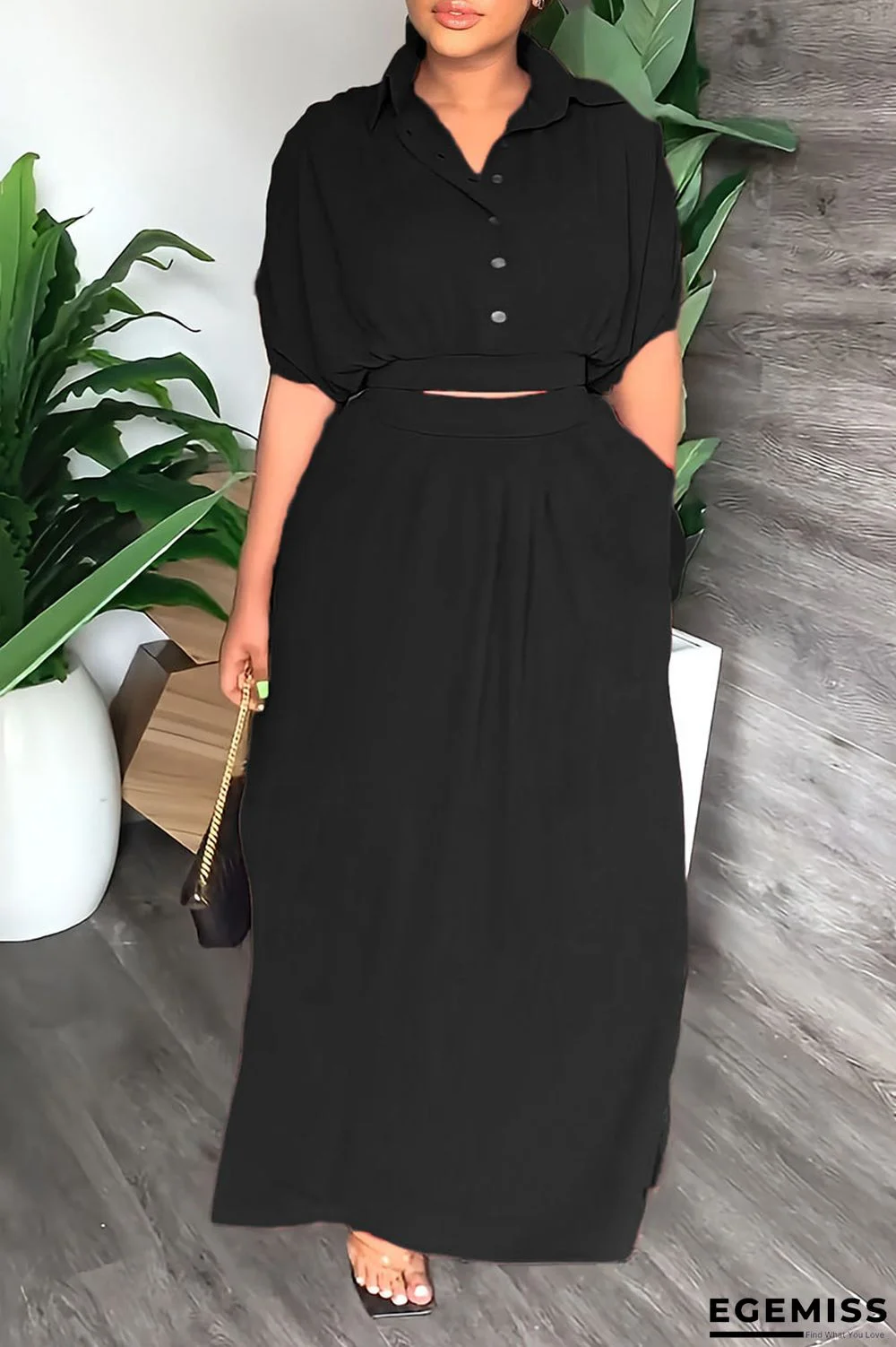 Black Casual Solid Patchwork Buckle Turndown Collar Short Sleeve Two Pieces | EGEMISS