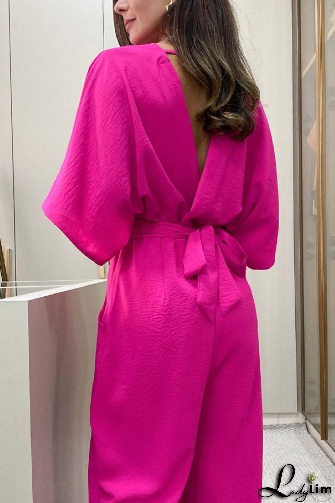 V Neck Batwing Sleeve Back Tie Jumpsuits