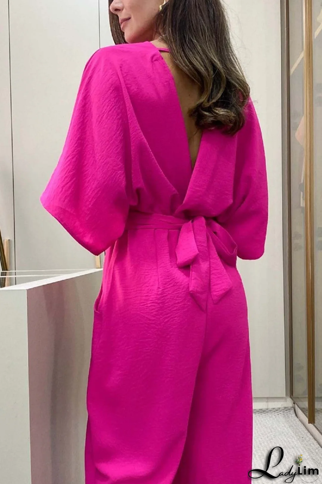 V Neck Batwing Sleeve Back Tie Jumpsuits