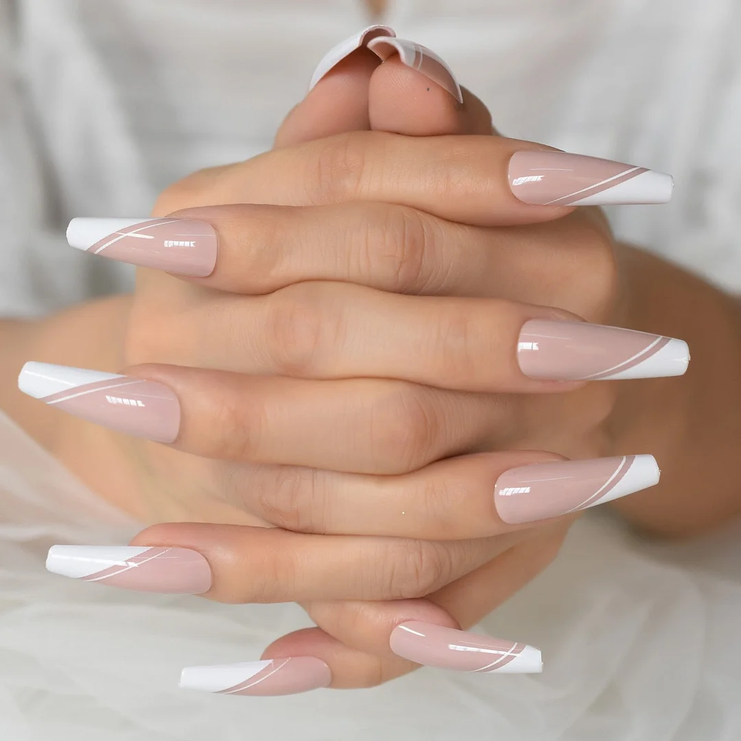 Extra Long Ballerina Faux Ongles White Hypotenuse Line Decorative French Nail Art Tips Nude Pink Base Manicure Tip 24-Nail Inspo