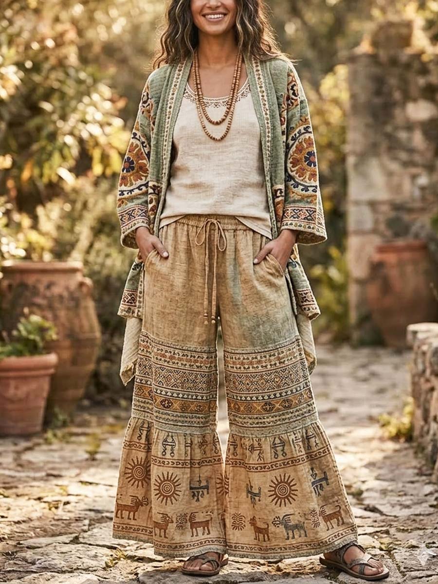 Women's Ethnic Stylish Casual Cotton And Linen Long Cardigan And Pants Two-piece Set