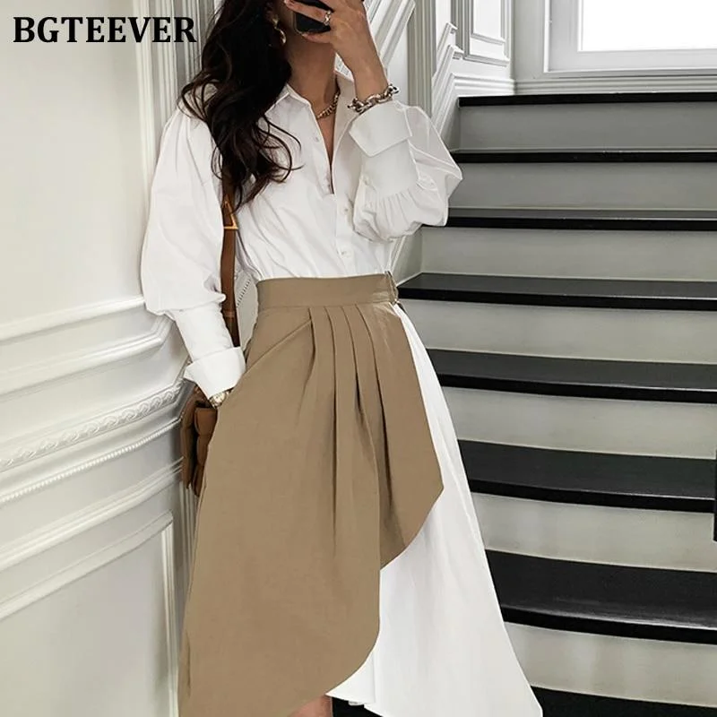 BGTEEEVR Stylish Women Turn-down Collar Irregular Shirt Dress Elegant Long Sleeve Female Pleated Dress  Spring 2 Pieces