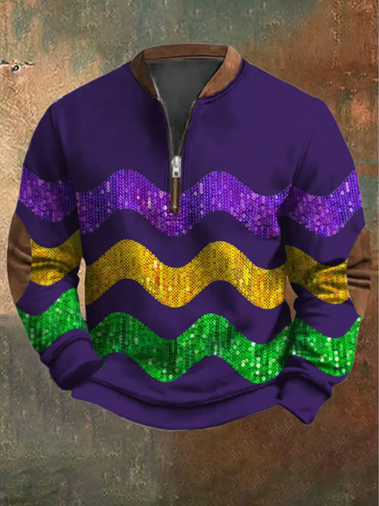 Comstylish Men's Retro Mardi Gras Print Zipper Sweatshirt