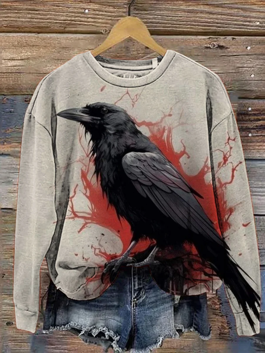 Vintage Crow Print Casual Sweatshirt