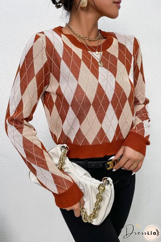 Brown Diamond Knit Pullover Sweaters