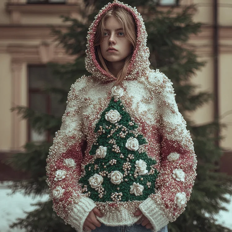 Women's Vintage Christmas Tree Color Blocked Limited Edition Hooded Sweater