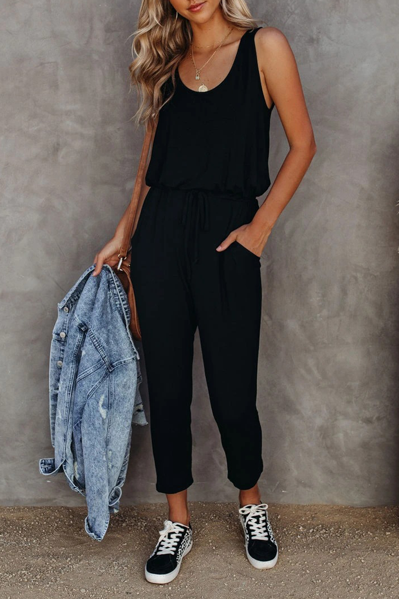 Casual Solid Patchwork U Neck Regular Jumpsuits